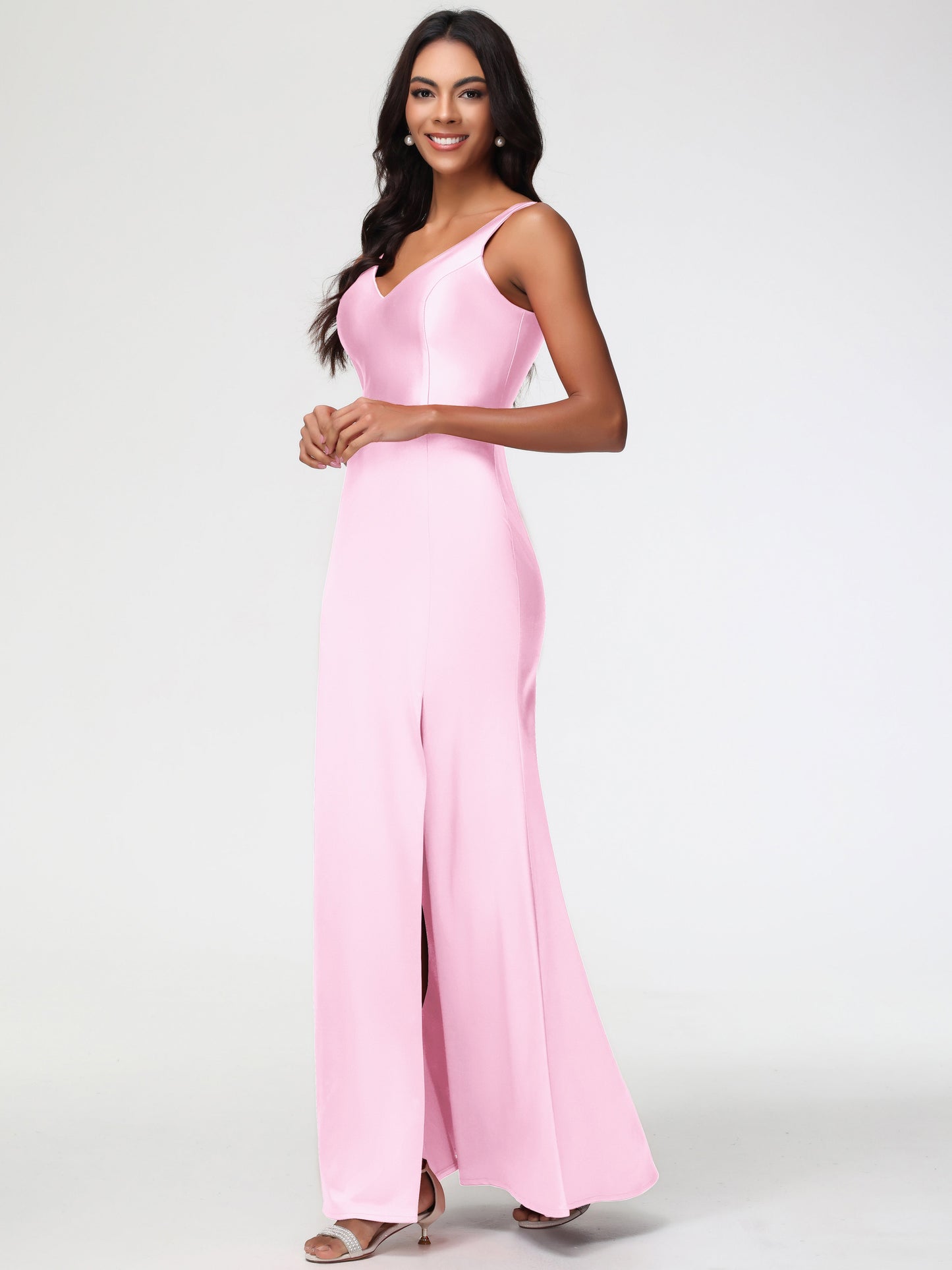 Blushing Pink Bridesmaid Dresses Elegant Sleeveless Sheath/Column V-Neck Floor Length Stretch Satin Bridesmaid Dress