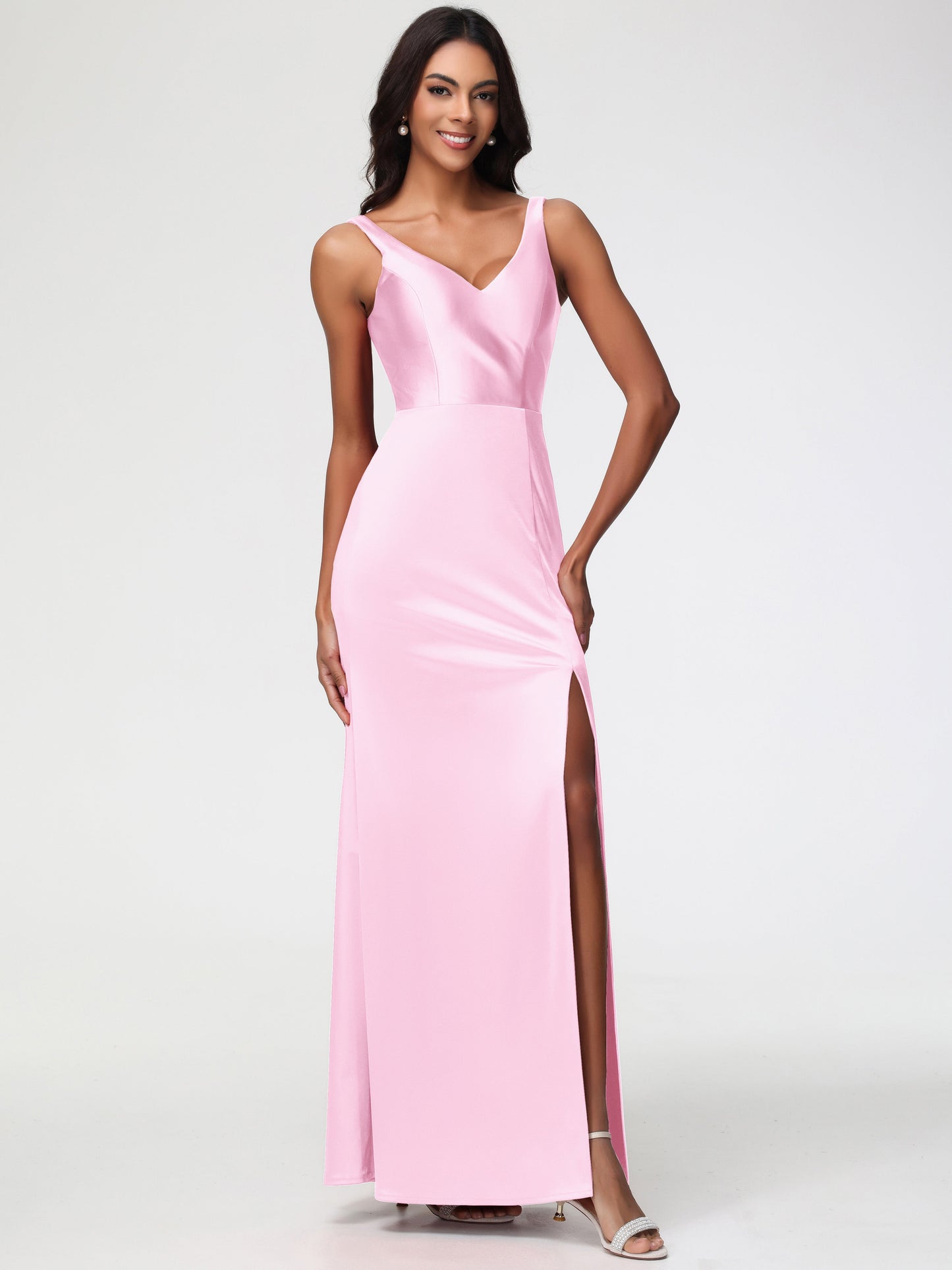 Blushing Pink Bridesmaid Dresses Elegant Sleeveless Sheath/Column V-Neck Floor Length Stretch Satin Bridesmaid Dress