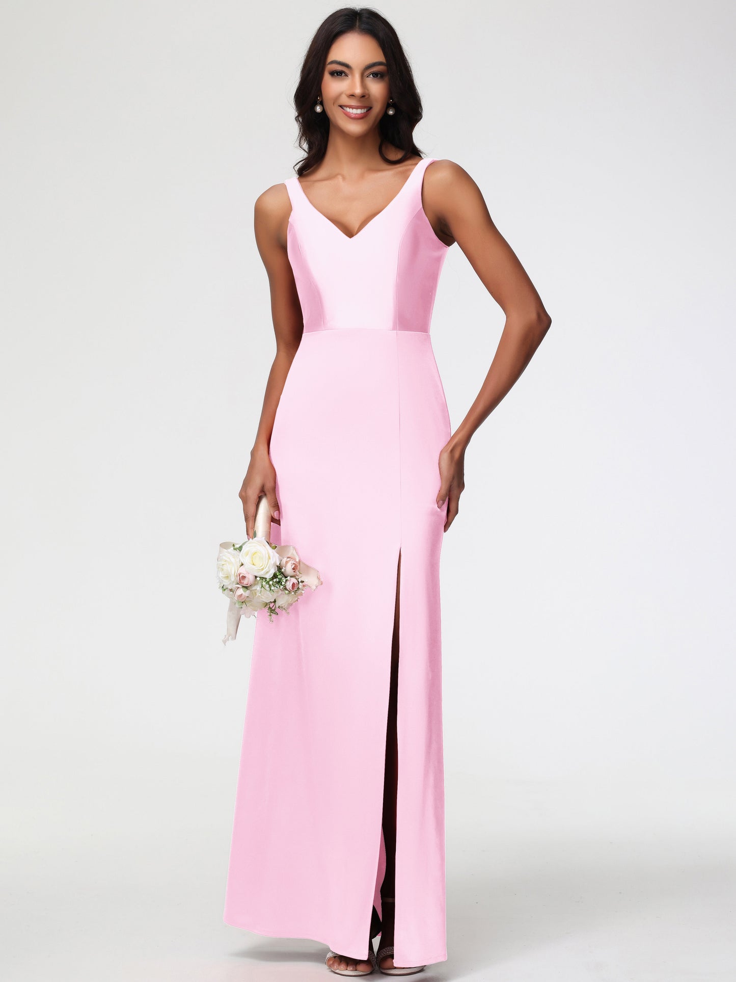 Blushing Pink Bridesmaid Dresses Elegant Sleeveless Sheath/Column V-Neck Floor Length Stretch Satin Bridesmaid Dress