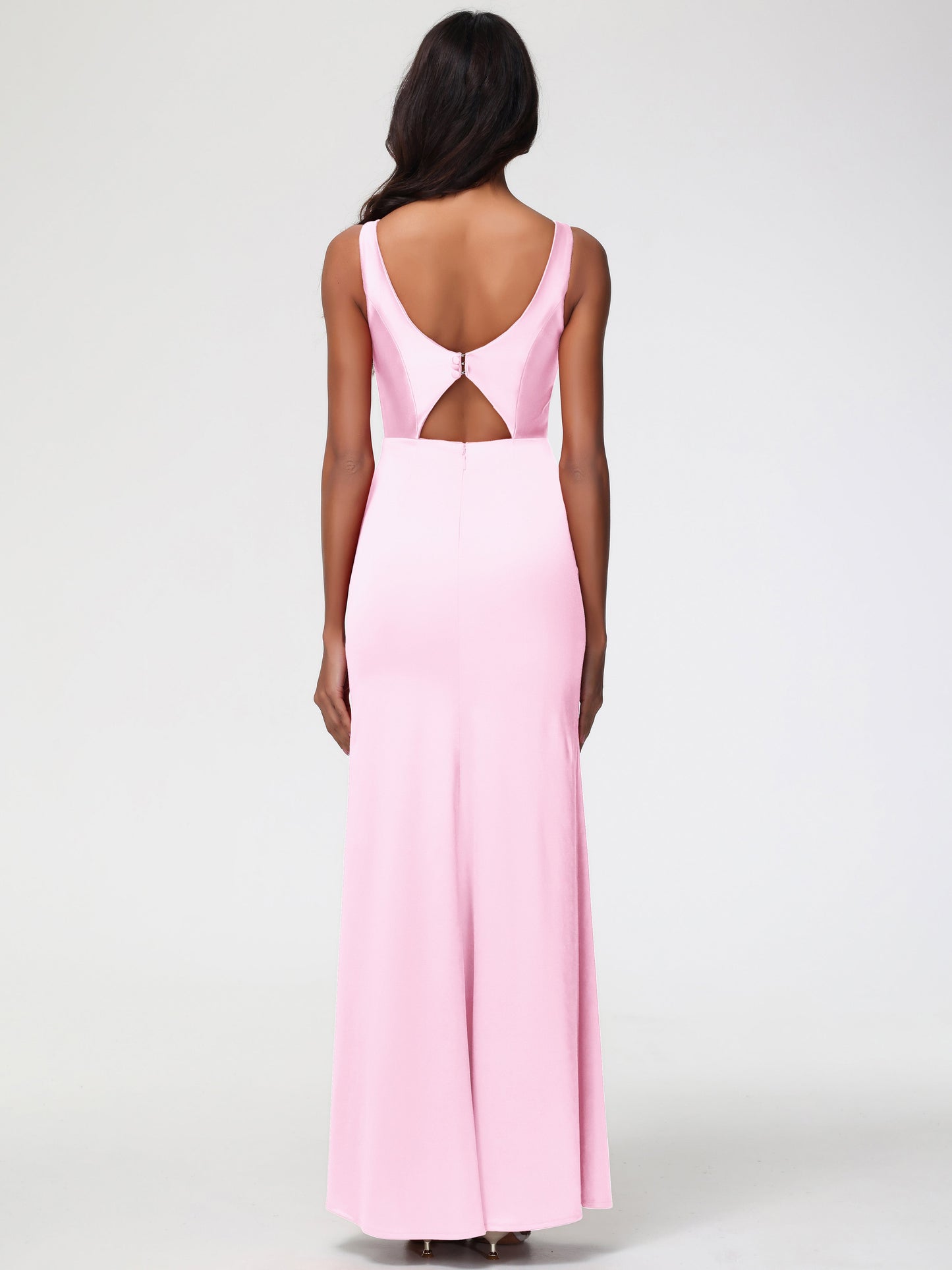 Blushing Pink Bridesmaid Dresses Elegant Sleeveless Sheath/Column V-Neck Floor Length Stretch Satin Bridesmaid Dress