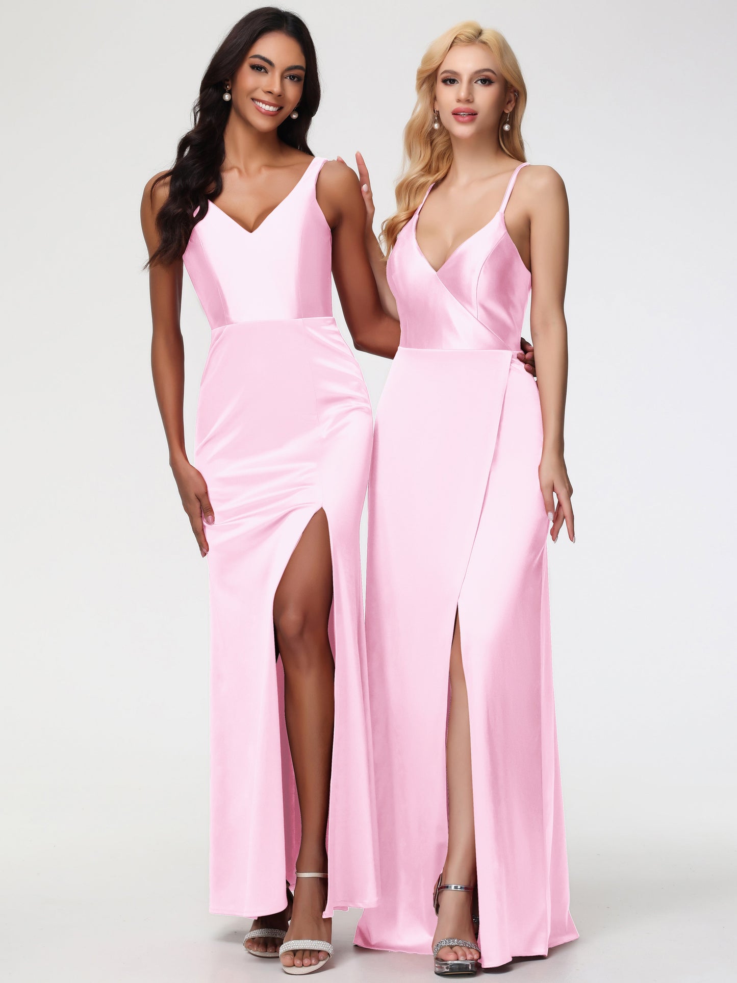 Blushing Pink Bridesmaid Dresses Elegant Sleeveless Sheath/Column V-Neck Floor Length Stretch Satin Bridesmaid Dress