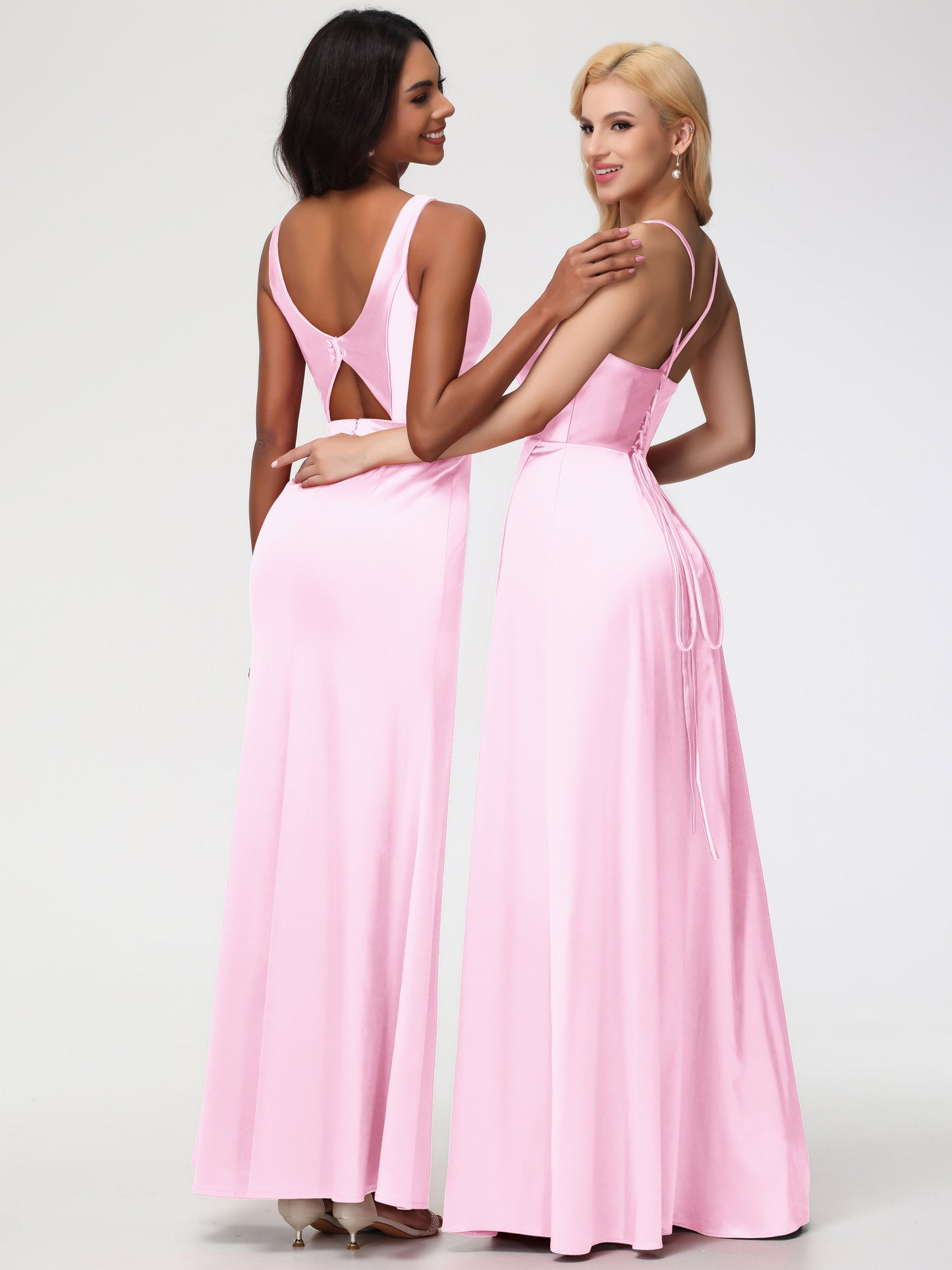 Blushing Pink Bridesmaid Dresses Elegant Sleeveless Sheath/Column V-Neck Floor Length Stretch Satin Bridesmaid Dress