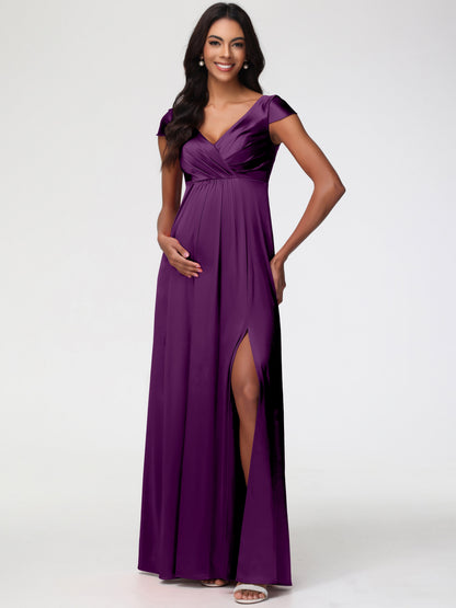 Bridesmaid Dresses In Grape V-Neck Minimalist Cap Sleeves A Line Stretch Satin Bridesmaid Dress