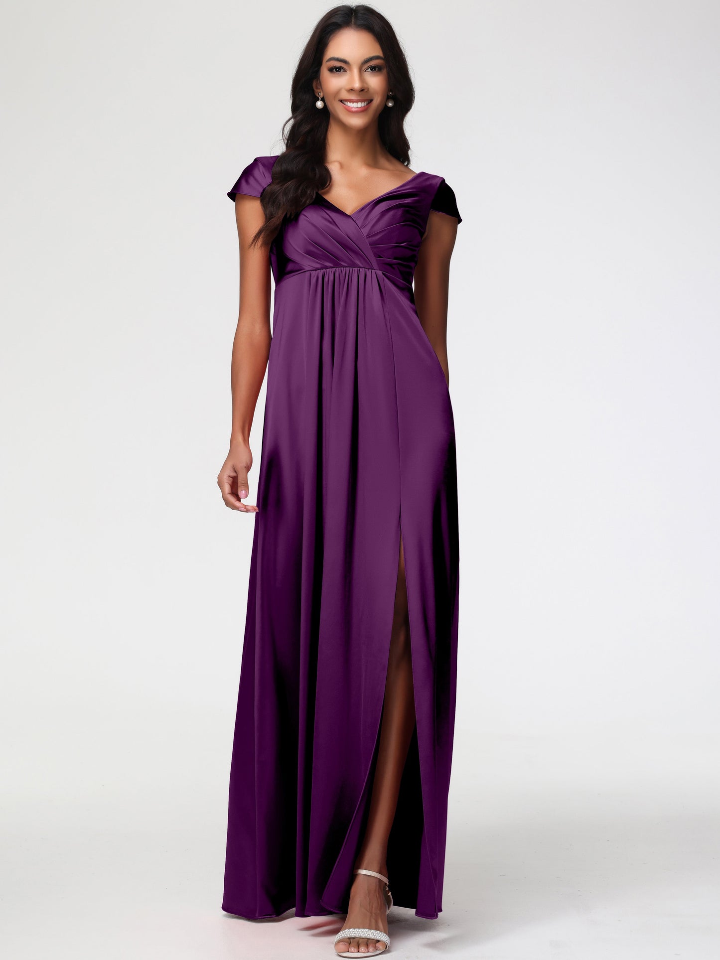 Bridesmaid Dresses In Grape V-Neck Minimalist Cap Sleeves A Line Stretch Satin Bridesmaid Dress