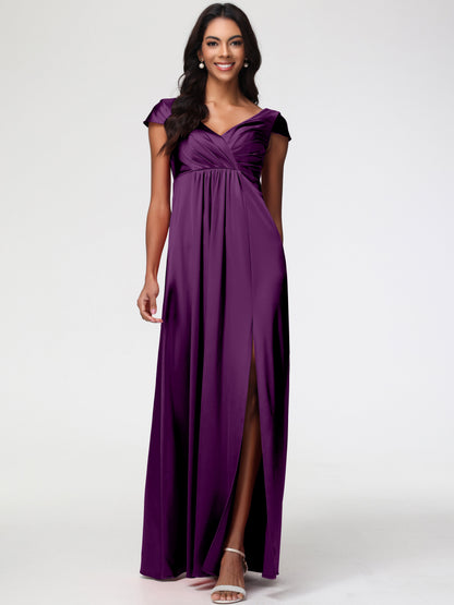 Bridesmaid Dresses In Grape V-Neck Minimalist Cap Sleeves A Line Stretch Satin Bridesmaid Dress
