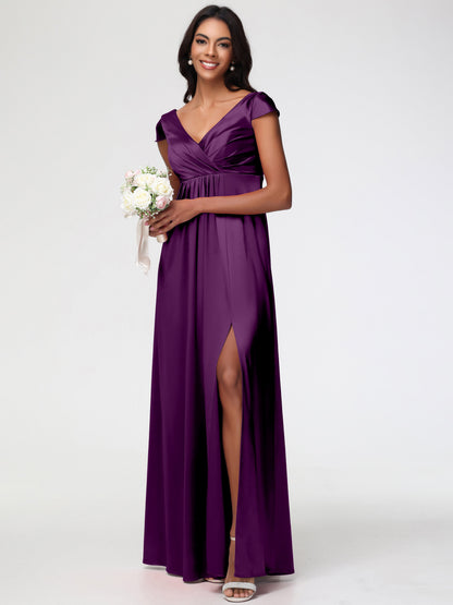 Bridesmaid Dresses In Grape V-Neck Minimalist Cap Sleeves A Line Stretch Satin Bridesmaid Dress