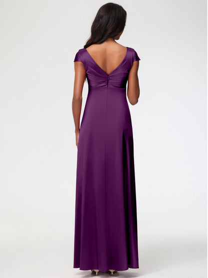 Bridesmaid Dresses In Grape V-Neck Minimalist Cap Sleeves A Line Stretch Satin Bridesmaid Dress