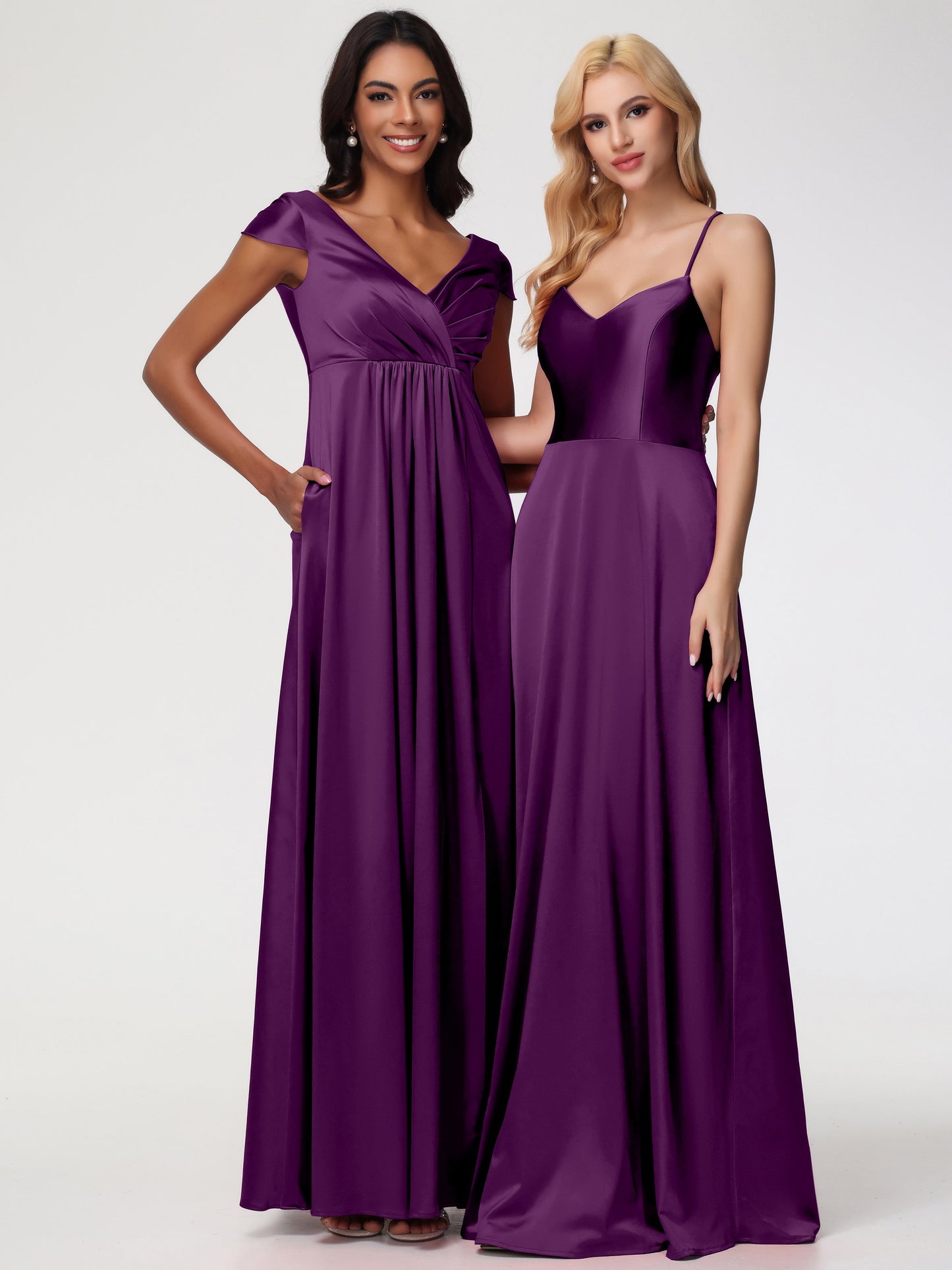 Bridesmaid Dresses In Grape V-Neck Minimalist Cap Sleeves A Line Stretch Satin Bridesmaid Dress