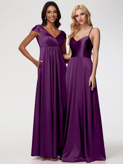 Bridesmaid Dresses In Grape V-Neck Minimalist Cap Sleeves A Line Stretch Satin Bridesmaid Dress