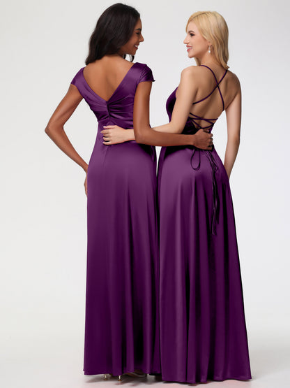 Bridesmaid Dresses In Grape V-Neck Minimalist Cap Sleeves A Line Stretch Satin Bridesmaid Dress