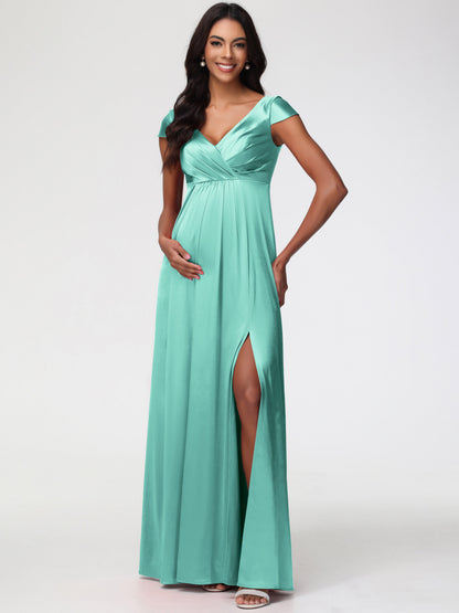 Bridesmaid Dresses Mint Green V-Neck Minimalist Cap Sleeves A Line Stretch Satin Bridesmaid Dress