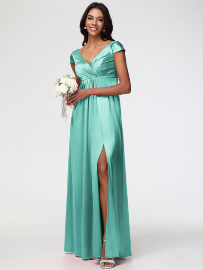 Bridesmaid Dresses Mint Green V-Neck Minimalist Cap Sleeves A Line Stretch Satin Bridesmaid Dress