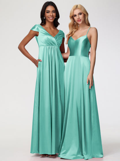 Bridesmaid Dresses Mint Green V-Neck Minimalist Cap Sleeves A Line Stretch Satin Bridesmaid Dress