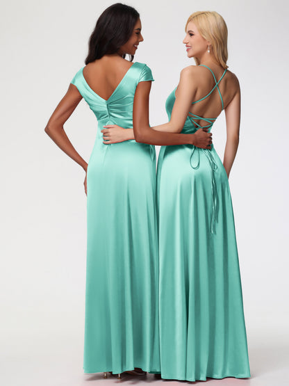 Bridesmaid Dresses Mint Green V-Neck Minimalist Cap Sleeves A Line Stretch Satin Bridesmaid Dress