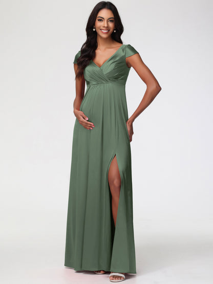 Bridesmaid Dresses In Olive Green V-Neck Minimalist Cap Sleeves A Line Stretch Satin Bridesmaid Dress