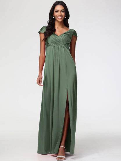 Bridesmaid Dresses In Olive Green V-Neck Minimalist Cap Sleeves A Line Stretch Satin Bridesmaid Dress