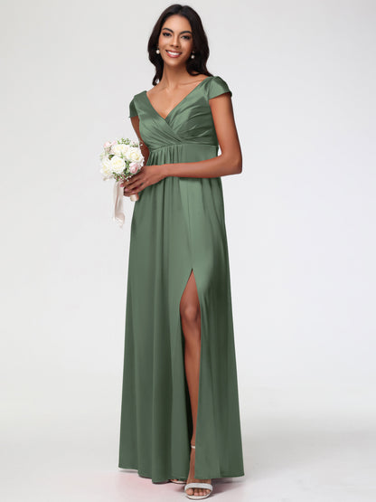 Bridesmaid Dresses In Olive Green V-Neck Minimalist Cap Sleeves A Line Stretch Satin Bridesmaid Dress
