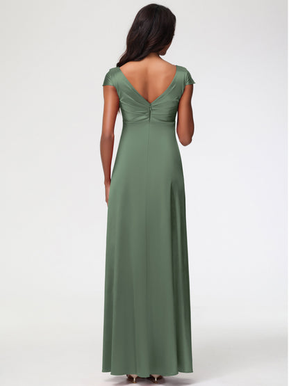 Bridesmaid Dresses In Olive Green V-Neck Minimalist Cap Sleeves A Line Stretch Satin Bridesmaid Dress