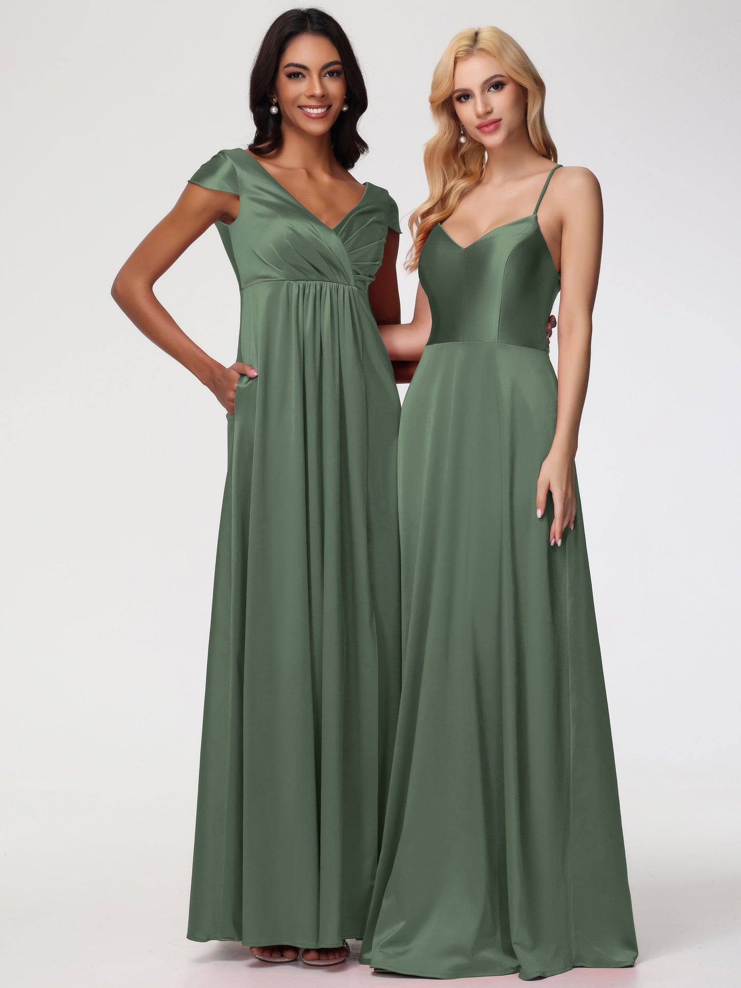 Bridesmaid Dresses In Olive Green V-Neck Minimalist Cap Sleeves A Line Stretch Satin Bridesmaid Dress