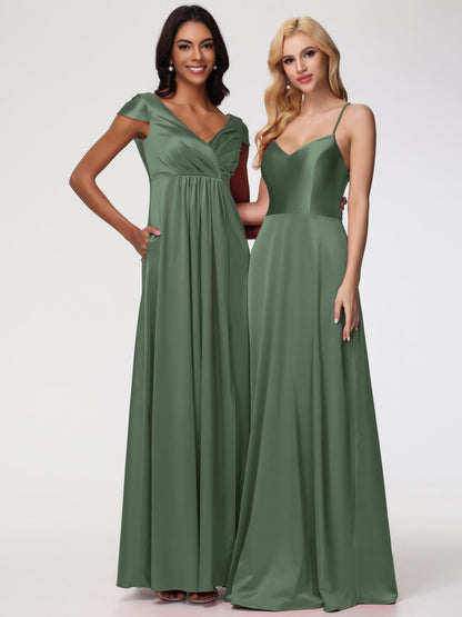 Bridesmaid Dresses In Olive Green V-Neck Minimalist Cap Sleeves A Line Stretch Satin Bridesmaid Dress