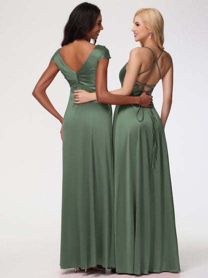 Bridesmaid Dresses In Olive Green V-Neck Minimalist Cap Sleeves A Line Stretch Satin Bridesmaid Dress