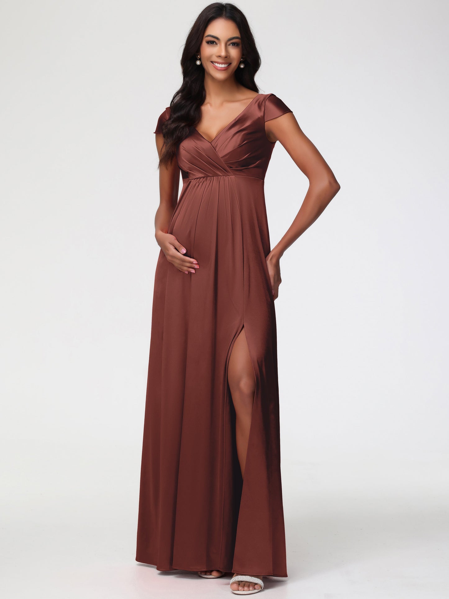 Boho Terracotta Bridesmaid Dresses V-Neck Minimalist Cap Sleeves A Line Stretch Satin Bridesmaid Dress