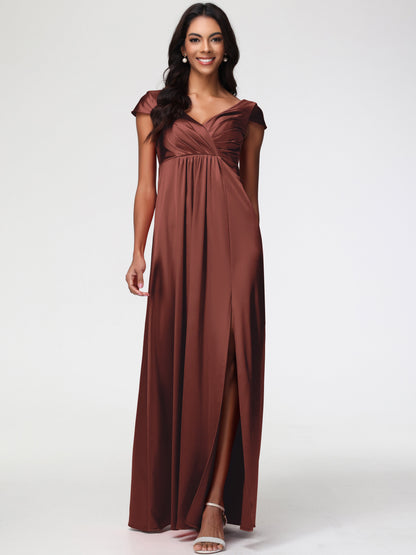 Boho Terracotta Bridesmaid Dresses V-Neck Minimalist Cap Sleeves A Line Stretch Satin Bridesmaid Dress
