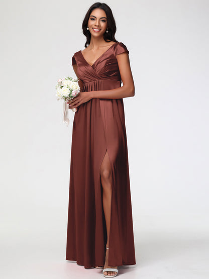 Boho Terracotta Bridesmaid Dresses V-Neck Minimalist Cap Sleeves A Line Stretch Satin Bridesmaid Dress