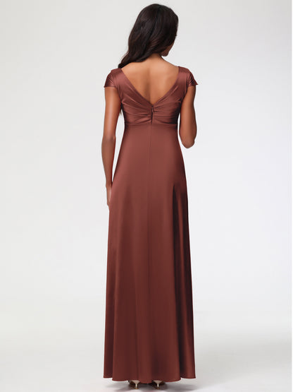 Boho Terracotta Bridesmaid Dresses V-Neck Minimalist Cap Sleeves A Line Stretch Satin Bridesmaid Dress