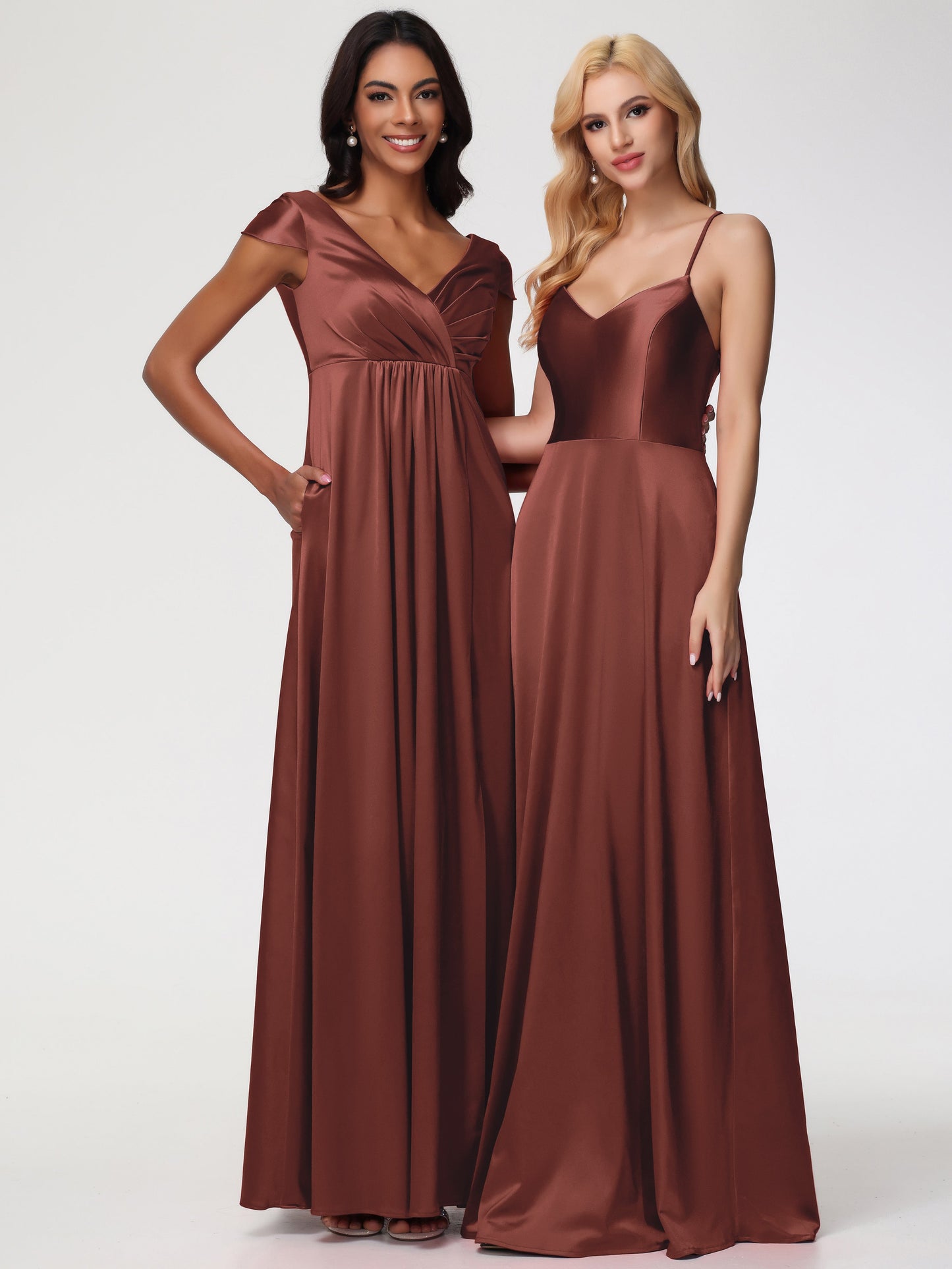 Boho Terracotta Bridesmaid Dresses V-Neck Minimalist Cap Sleeves A Line Stretch Satin Bridesmaid Dress