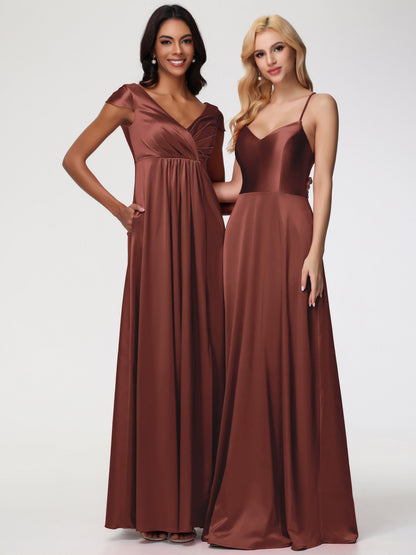 Boho Terracotta Bridesmaid Dresses V-Neck Minimalist Cap Sleeves A Line Stretch Satin Bridesmaid Dress