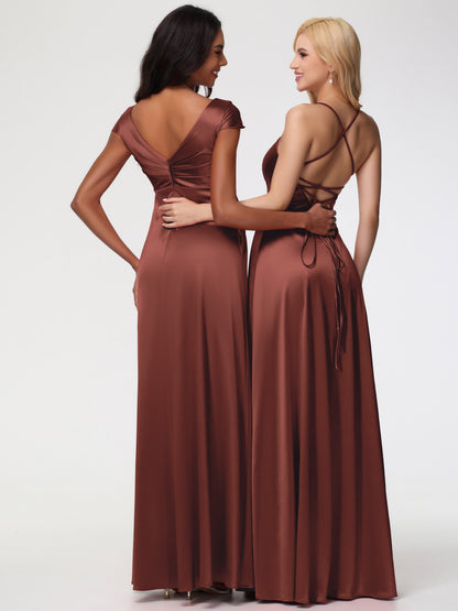 Boho Terracotta Bridesmaid Dresses V-Neck Minimalist Cap Sleeves A Line Stretch Satin Bridesmaid Dress