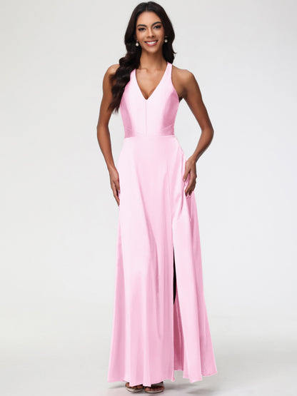 Blush Pink Bridesmaid Dresses Elegant V-Neck A Line Slit Stretch Satin Long Bridesmaid Dress
