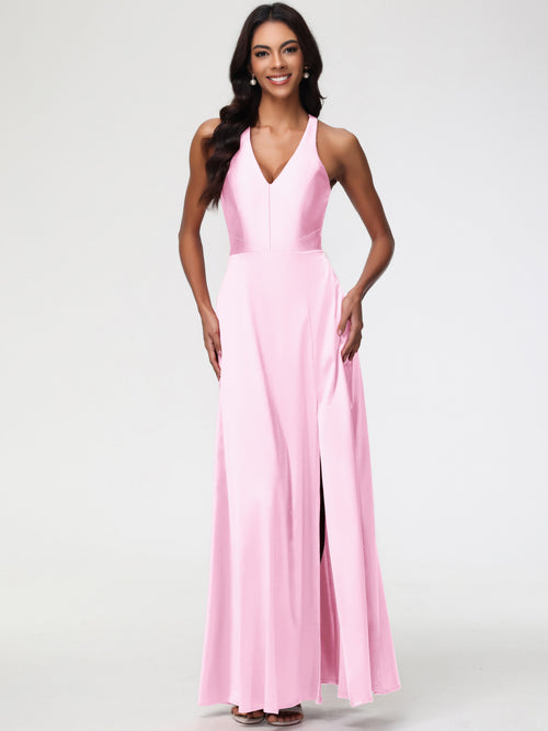 Blush Pink Bridesmaid Dresses Elegant V-Neck A Line Slit Stretch Satin Long Bridesmaid Dress