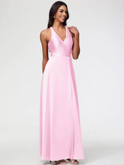 Blush Pink Bridesmaid Dresses Elegant V-Neck A Line Slit Stretch Satin Long Bridesmaid Dress