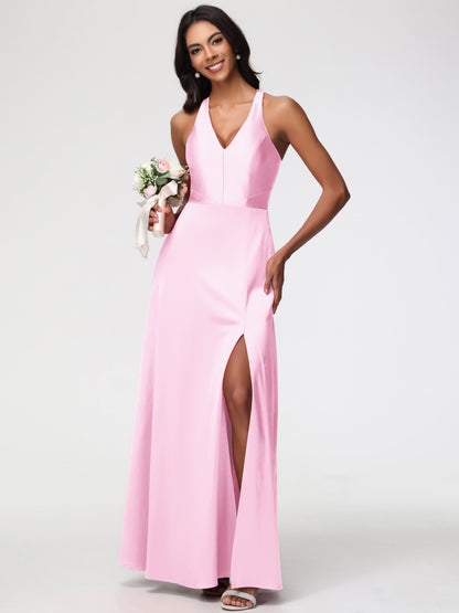 Blush Pink Bridesmaid Dresses Elegant V-Neck A Line Slit Stretch Satin Long Bridesmaid Dress