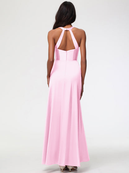 Blush Pink Bridesmaid Dresses Elegant V-Neck A Line Slit Stretch Satin Long Bridesmaid Dress