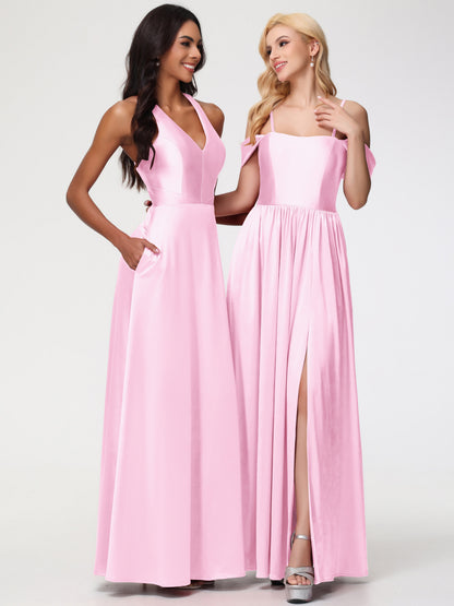 Blush Pink Bridesmaid Dresses Elegant V-Neck A Line Slit Stretch Satin Long Bridesmaid Dress