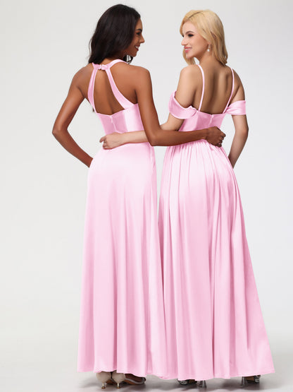 Blush Pink Bridesmaid Dresses Elegant V-Neck A Line Slit Stretch Satin Long Bridesmaid Dress