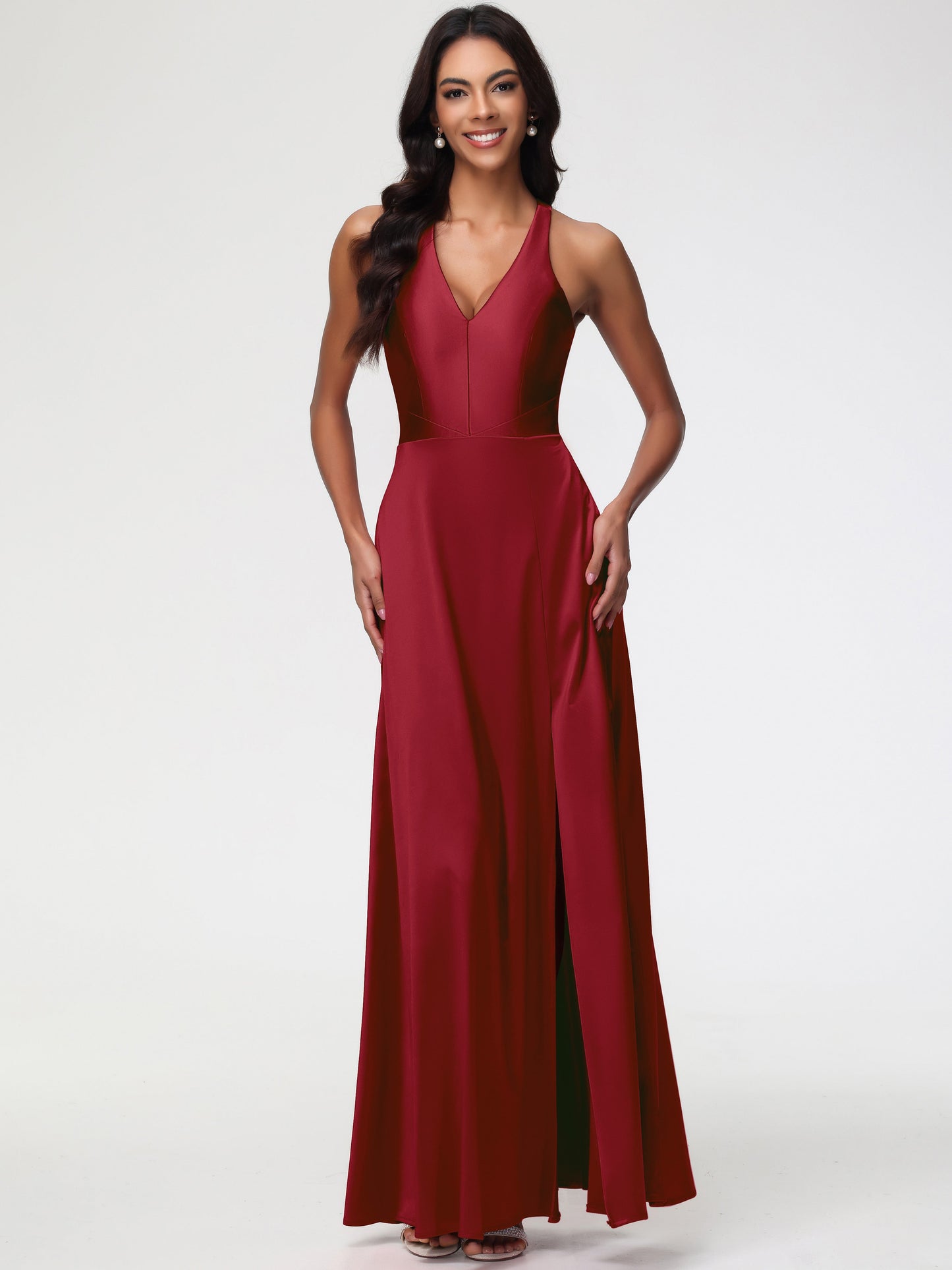 Bridesmaid Dresses Burgundy Color Elegant V-Neck A Line Slit Stretch Satin Long Bridesmaid Dress