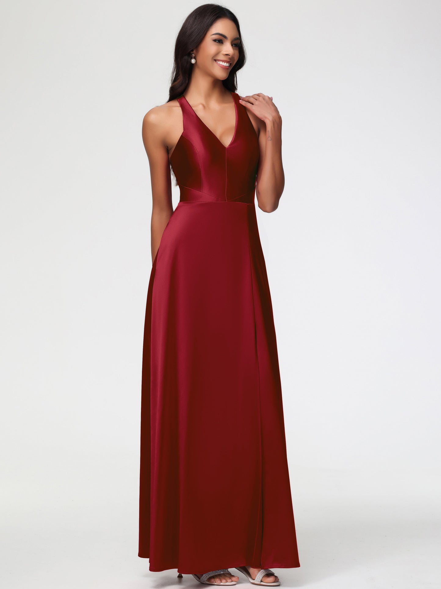 Bridesmaid Dresses Burgundy Color Elegant V-Neck A Line Slit Stretch Satin Long Bridesmaid Dress
