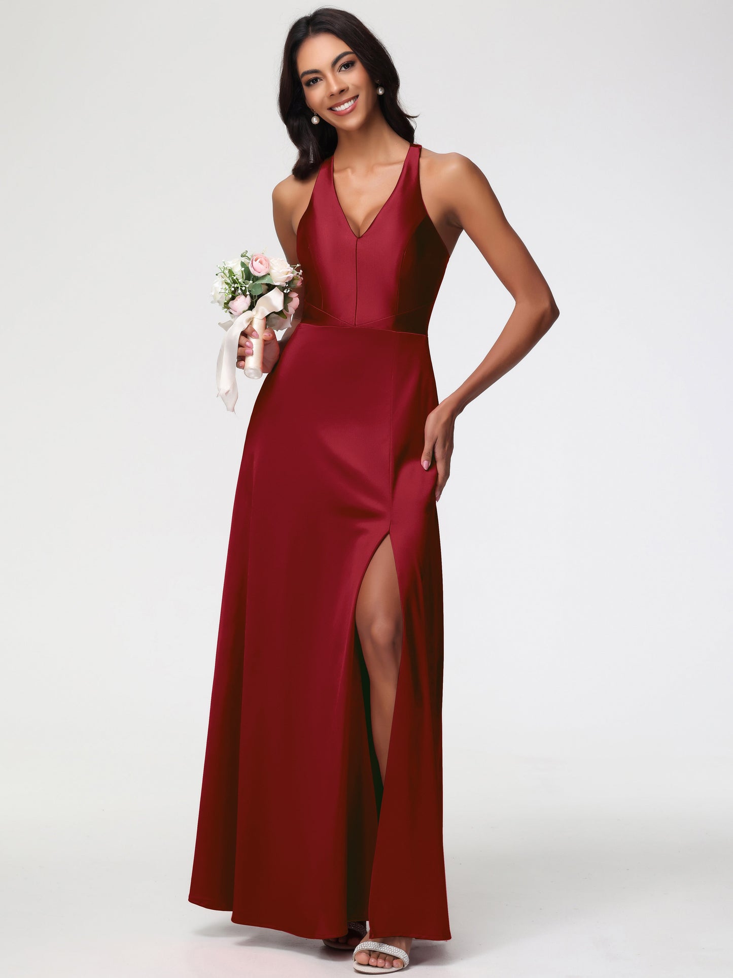 Bridesmaid Dresses Burgundy Color Elegant V-Neck A Line Slit Stretch Satin Long Bridesmaid Dress