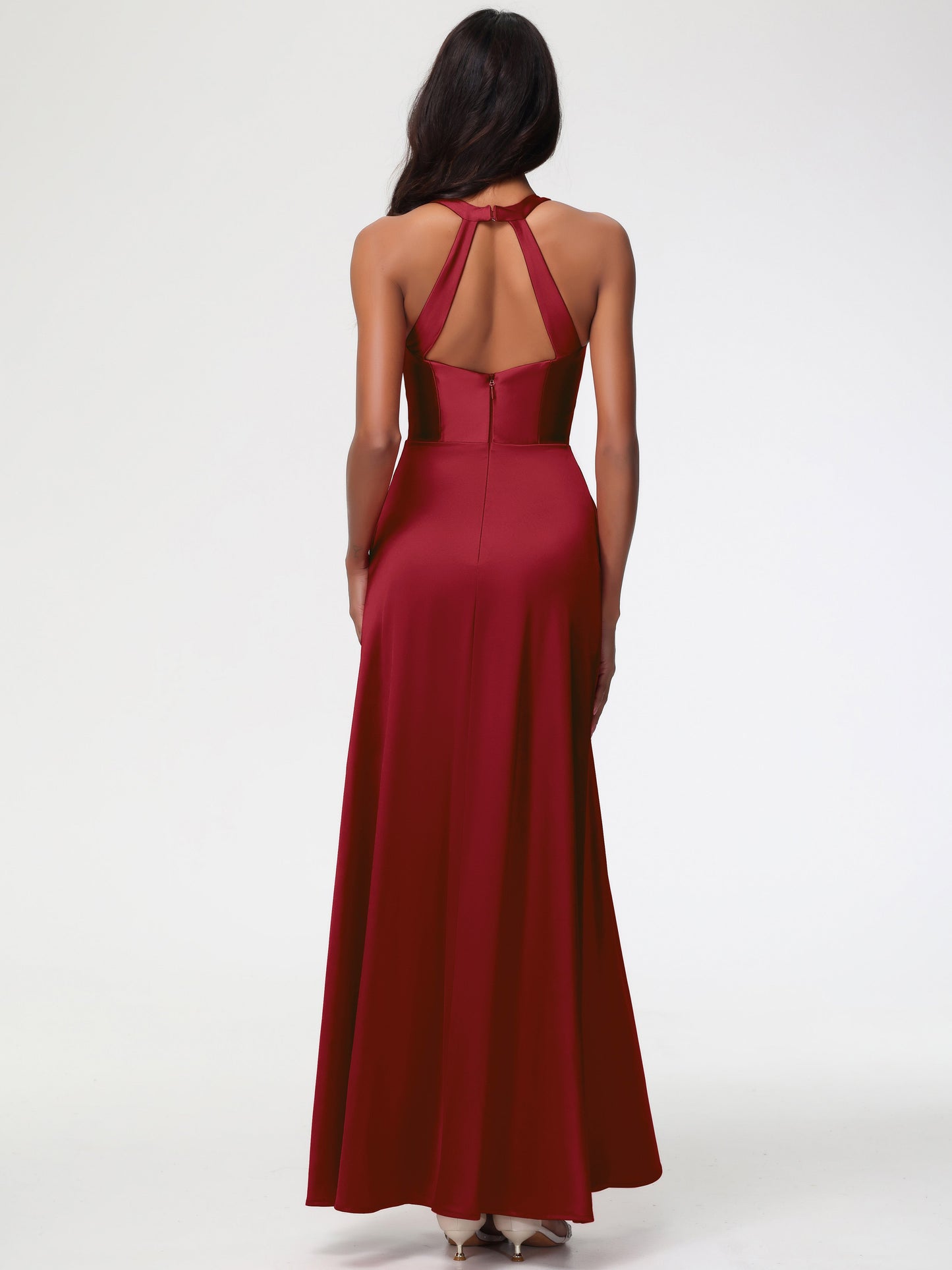 Bridesmaid Dresses Burgundy Color Elegant V-Neck A Line Slit Stretch Satin Long Bridesmaid Dress