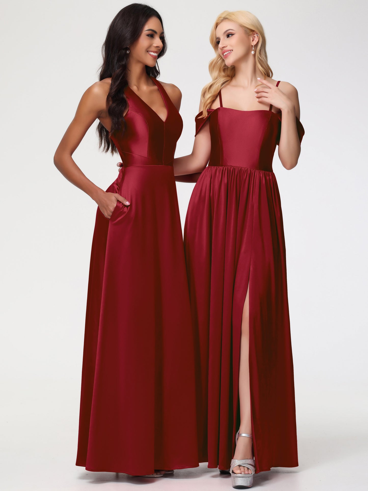 Bridesmaid Dresses Burgundy Color Elegant V-Neck A Line Slit Stretch Satin Long Bridesmaid Dress