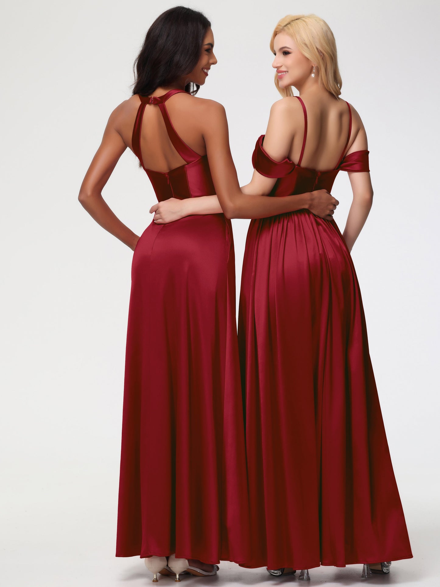 Bridesmaid Dresses Burgundy Color Elegant V-Neck A Line Slit Stretch Satin Long Bridesmaid Dress