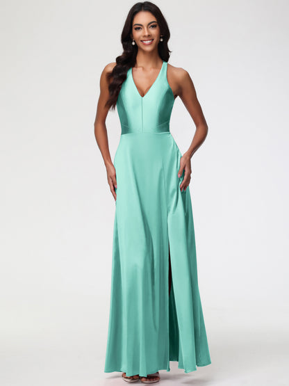 Bridesmaid Dress Mint Green Elegant V-Neck A Line Slit Stretch Satin Long Bridesmaid Dress