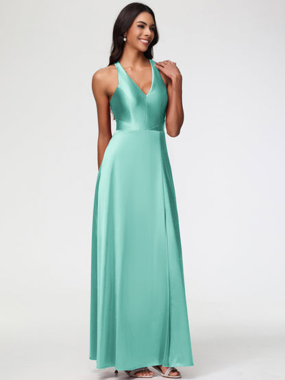 Bridesmaid Dress Mint Green Elegant V-Neck A Line Slit Stretch Satin Long Bridesmaid Dress