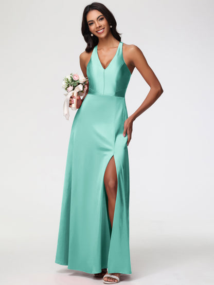 Bridesmaid Dress Mint Green Elegant V-Neck A Line Slit Stretch Satin Long Bridesmaid Dress