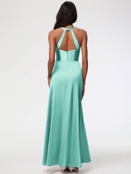 Bridesmaid Dress Mint Green Elegant V-Neck A Line Slit Stretch Satin Long Bridesmaid Dress