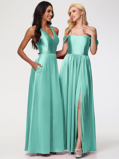 Bridesmaid Dress Mint Green Elegant V-Neck A Line Slit Stretch Satin Long Bridesmaid Dress